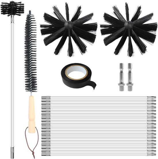 24-delige buisreinigingsset met 18 stangen van 41 cm, 2 borstelkoppen 20 cm, 2 stuks 4,5 cm zeskantstang, borstel met houten handvat 38 cm
