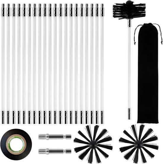 24-delige haardborstelset, haardborstel 150 mm, schoorsteenpijp reinigingsborstel, schoorsteenreinigingsborstelset, met 20 flexibele stangen 410 mm, 2 borstelkoppen, 1 boorconnector + accessoires