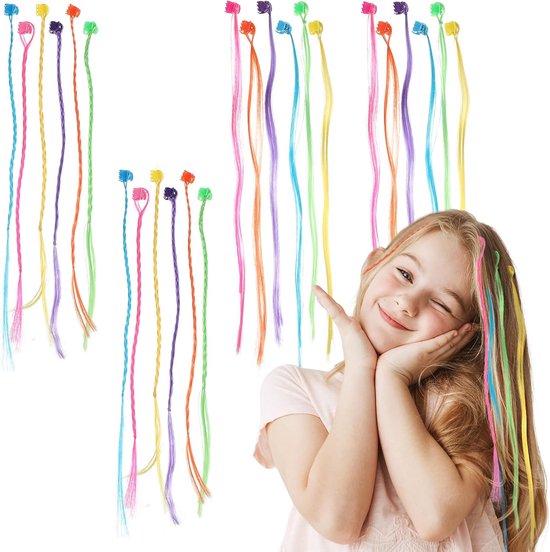 24 Pieces Kinder Kleurige Haarstrengen met Tangen - Kleurige Haarstrengen voor Haarverlenging - Haaraccessoires Set voor Feest en Vlechten van Merkloos	