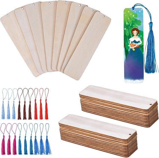 24 Stukken Houten Boekmerken - Lege Houten Boekmerken met 24 Gekleurde Kwastjes - Bookmark Set voor Schilderen en Creatieve Projecten van Cricut