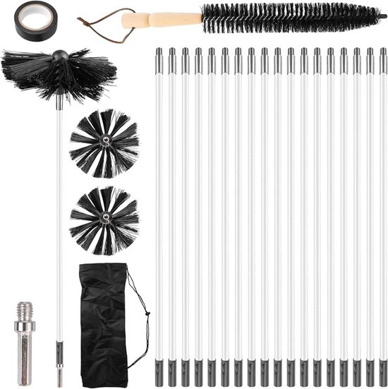 24 stuks haardborstelstang set met 18 flexibele stangen 410 mm + 2 borstelkoppen 150 mm + 1 lange houten borstel + accessoires, haardpijp reinigingsborstelkit voor haard/droger vent/rioolbuis