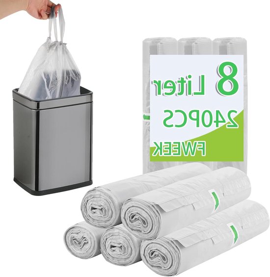 240 Stuks Afvalzakken 8 Liter, Witte Kleine Zakjes met Trekkoord voor Prullenbakken van 8-10 Liter, Ideaal voor Huishoudelijk Gebruik en Tuinafval