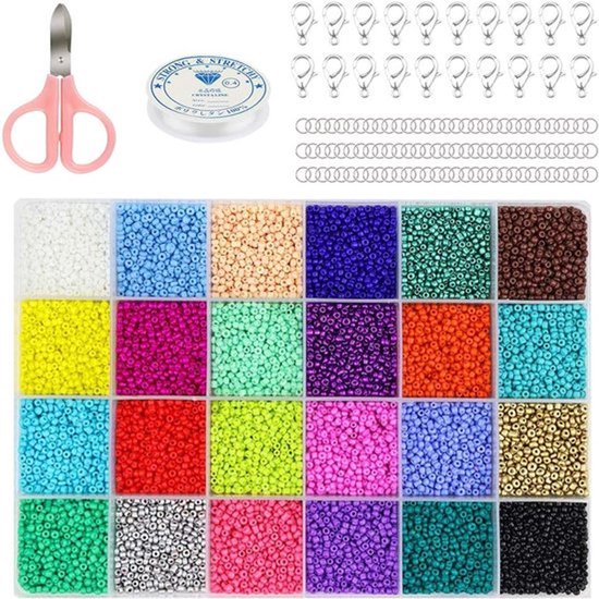 24000 stuks glazen zaadparels - 2 mm kleine pony kralen - in verschillende kleuren zaadparels voor sieraden maken - DIY materialen - armbanden - kettingen - kraaltjeskoord - kreeftsluitingen - open ringetjes - scharen