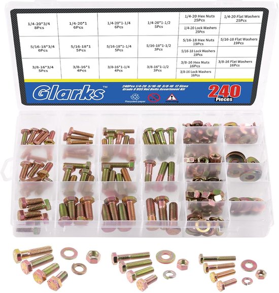240pcs Grade 8 Coarse Thread Hex Bolts - Nuts - Screws - Washers Assortment Kit - 1/4-20 - 5/16-18 - 3/8-16 Inch - 12 Size Hex Head Cap Screws en Hex Nuts - Flat Washers - Lock Washers Set van Merkloos	