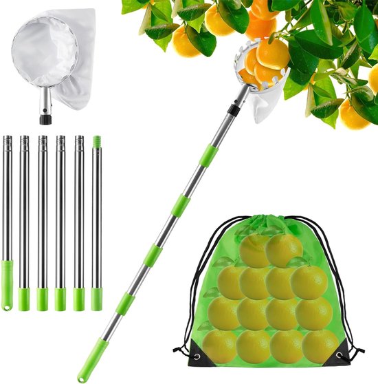 2.4M Fruitplukker met telescopisch handvat, appelplukker met telescopische steel van roestvrij staal en katoenen tas, fruitplukker, kersenplukker voor peren, citrusvruchten en sinaasappelen van Merkloos	
