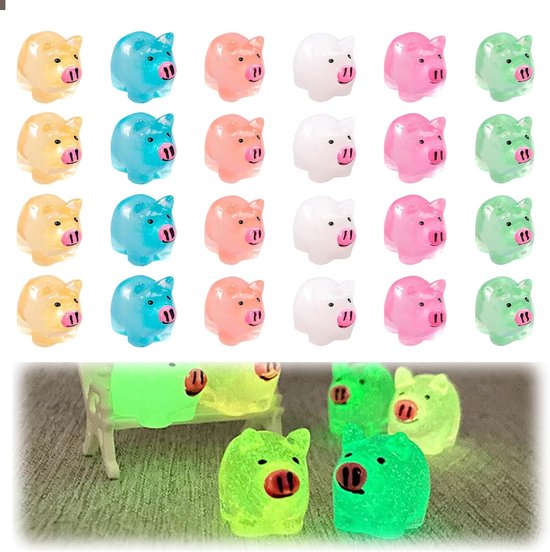 24pcs Mini Glowing Pigs - Mini Resin Pigs Glowing in the Dark - Mini Animals - Colorful Miniature Figures voor Miniature Landscape Cuphouse Garden Decoration van Merkloos	