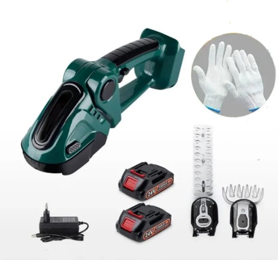 24V elektrische hegsnijder, 2 in1 draadloze elektrische hedge -trimmer, elektrische trimmer, struikschaarsen, handafhankschaar met 2 batterijen, groen van Merkloos	