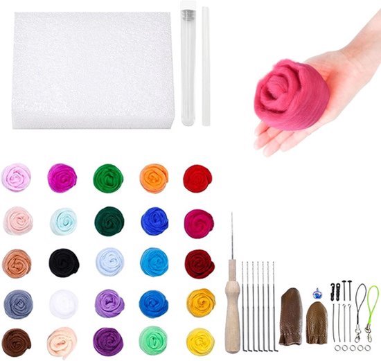 25 kleuren, elk 2 gram viltwol om te breien, wordt geleverd met een gereedschapsset en een handleiding (mogelijk niet beschikbaar in het Nederlands). De viltwolset is geschikt voor het maken