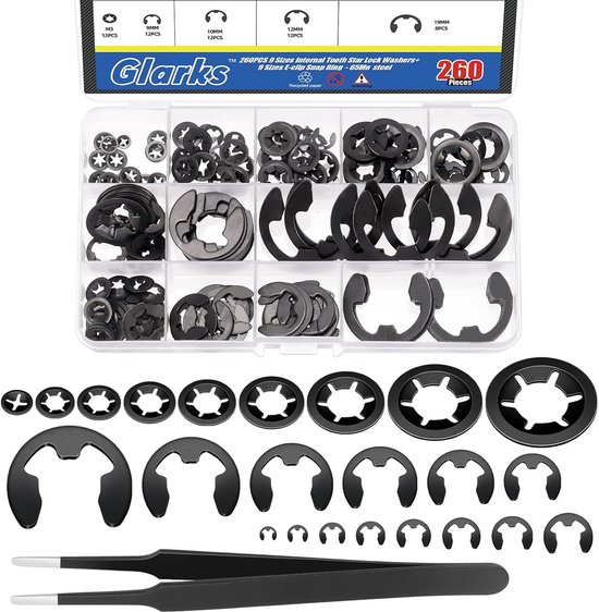 261pcs 65 Mn staal interne tand sterren vergrendelringen - E-clip retinering ringen kit met 100pcs 9 maten duwvergrendelringen - 160pcs 14 maten E-ring circlip ringen van Merkloos	