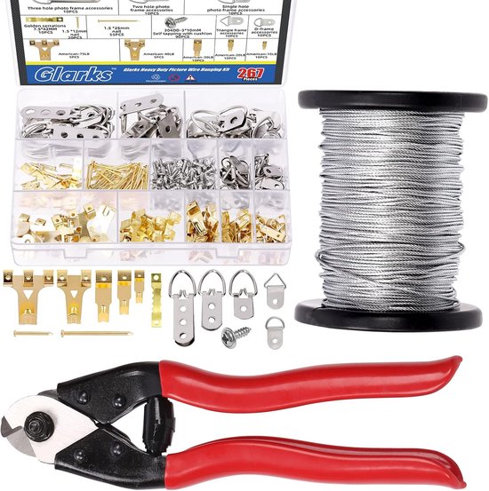 267 Pcs Heavy Duty Photo Wire Hanging Kit - 164ft Braided Photo Wire - 8 Inch Cable Cutter - Screws - Assorted Photo Hangers Set voor het Ophangen van Foto's - Lijsten - Wanddecoratie van Merkloos	