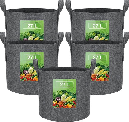 27 l stoffen plantenzak aardappelzak met handvat, herbruikbare plantenzak voor het kweken van aardappelen, tomaten, groenten, bloemen, verdikte en geventileerde tuinpot, 5 stuks, grijs van GARDTECH
