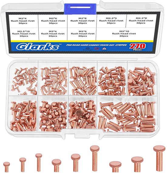 270pcs M2 M2.5 M3 Flat Head Solid Rivets - 9 Sizes Metal Copper Solid Rivet Fasteners - Voor Elektrische Toepassingen en Leren Werkbenodigdheden van Merkloos	
