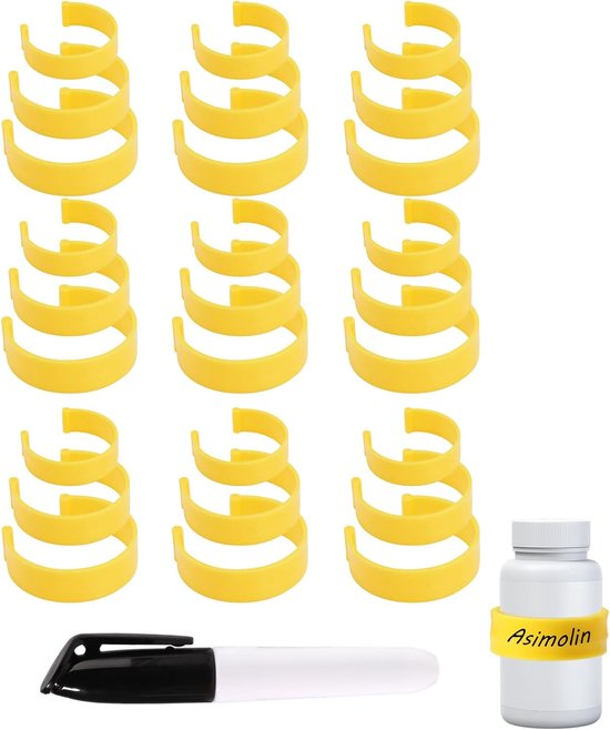 27st Clips voor Pillenflesjes, 3 Maten Plastic Medicijnflesjes Labelclip met Markeerstift Herbruikbare Medicatie Eenvoudig Identificeren Organizer Benodigdheden Compatibel met 10-60ml(Geel) van Merkloos	