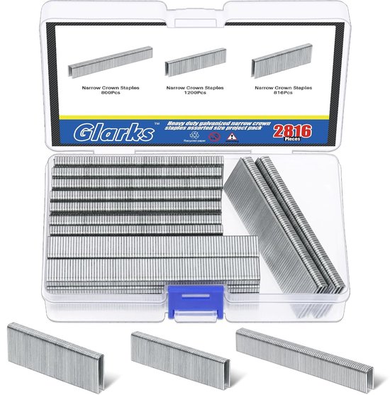 2816Pcs 18 Gauge Narrow Crown Staples - 1/2" - 3/4" - 1" Galvanized Crown Narrow Staples Assortment Kit voor Electric Stapler - Pneumatic - DIY Home Improvement - Silver van Shynning