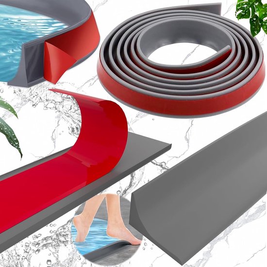 2m Vouwbare Douchedeur Drempel - Douche Water Barrier - Water Stopper - Zelfklevende Waterdichte Fixatie Strip - Flexibele Douchebak Rand Voorkomt Waterlekkages (Grijs) van Merkloos	
