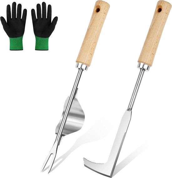 2pcs Rvs Handonkruid Gereedschap - Handmatig Onkruid Set - Lange Handgreep Onkruid Gereedschap - Paardenbloem Verwijderaar - Inclusief Tuin Onkruidhandschoenen - Transplanteren van Merkloos	