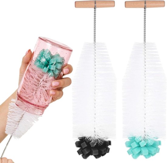 2St 32Cm Fles Borstel Set, Ergonomisch Handvat, Arbeidsbesparend En Gemakkelijk Te Grijpen, Witte Haren Met Zwarte Spons, Voor Het Reinigen Van Glazen Flessen En Plastic Flessen.