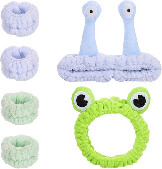 2st Huidverzorgingshoofdbanden en 4 Delige Spa Polsbandjes, Kikkerhoofdband en Slakhoofdband Gezwollen Make Uphoofdband Cartoon Flanel Elastiek Haaraccessoires voor Gezicht Wassen Douchesport van Merkloos	