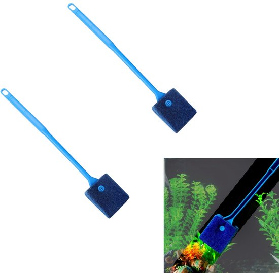 2stuks, spons voor aquariumreiniger，aquariumreinigingsborstel, aquariumglasborstel, lange steel, met sponsborstel, geschikt voor keukens, huizen en hotels, voor het reinigen van aquaria, blauw, 6,5*8*40cm van Merkloos	