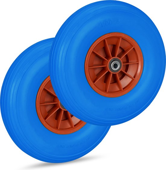 2x kruiwagenwiel 4.00-6 - volrubber - anti lek PU reservewiel - adapters blauw van Merkloos	