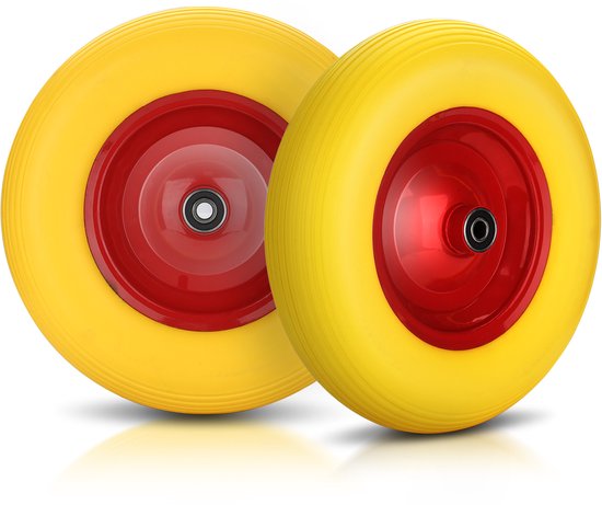 2x Kruiwagenwiel 4.80 / 4.00 - 8 PU plastic geel, Anti lek, plastic velg met rollager, Draagvermogen 200kg, asgat 20mm van Merkloos	