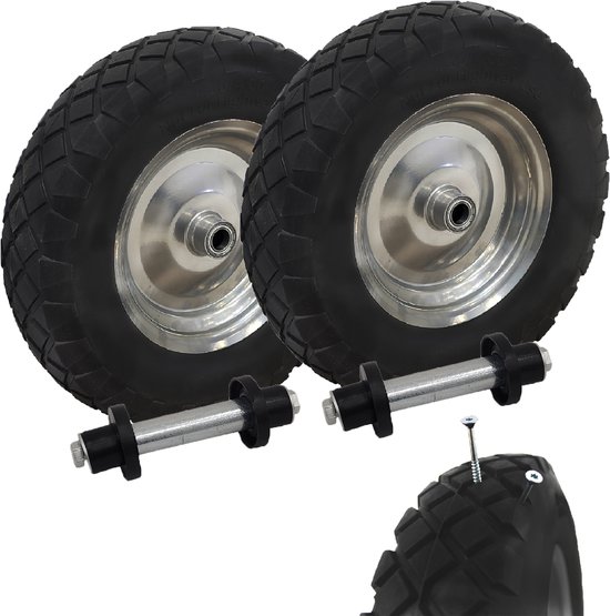 2x kruiwagenwiel lekvrij massief rubber 4.80/4.00-8 grijs/zwart + as Reservewiel Banden PU