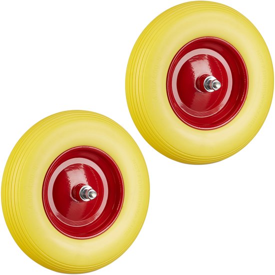 2x kruiwagenwiel rubber - bolderwagenwiel + as - antilekband stalen velg - geel van Merkloos	