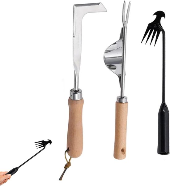 3-delige Handmatige Onkruidpluggen met Houten Handvat, RVS Tuingereedschap voor Efficiënt Wieden en Grondbewerking, Ideaal voor Tuinonderhoud en Onkruidbestrijding