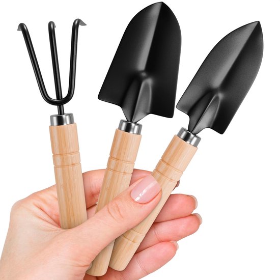 3-delige kleine tuingereedschapset - Plantgereedschapset met kleine tuinspade, ergonomische handhark, roestbestendige handgreep van massief hout - Spade voor graven en verzorging van kamerplanten van Merkloos	