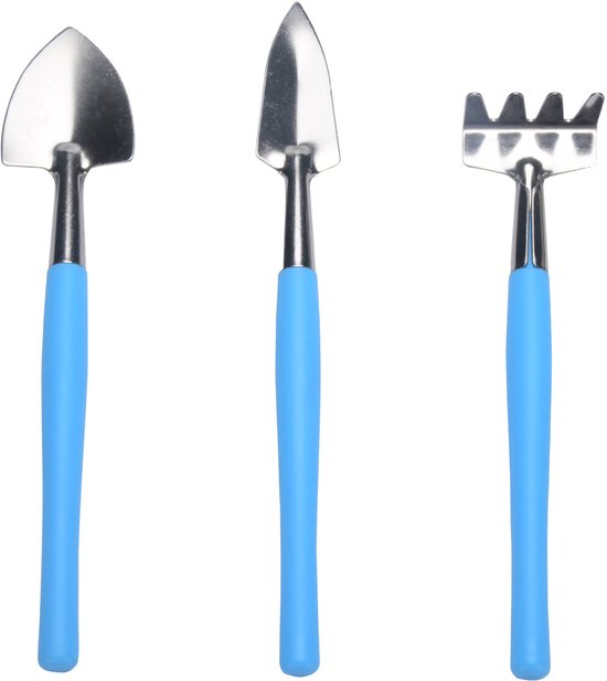 3-delige mini-tuingereedschapset van roestvrij staal, schep, hark, spade, handgereedschap voor vetplanten, potplanten en bloemen (blauw) van Merkloos	