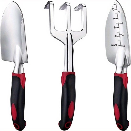 3-delige, robuuste tuingereedschapset - Gemaakt van duurzame aluminiumlegering met ergonomische, antislip handgrepen, inclusief een schop, plantenschep en hark voor gemakkelijk tuinieren. van Merkloos	