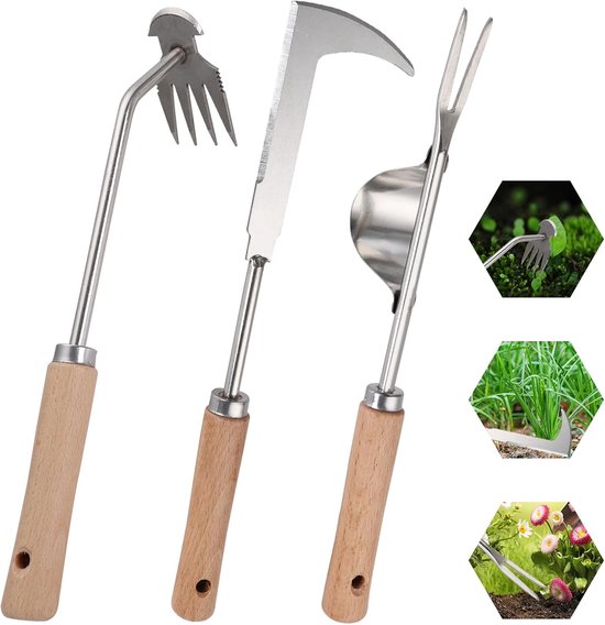 3-delige roestvrijstalen onkruidset met houten greep – compact opbergbaar, voor wieden en spitten in de tuin van Merkloos	