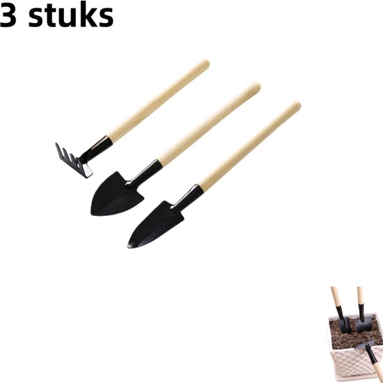 3-delige set - kleine tuinschep - kleine tuinschep - geschikt voor bloempotten binnenshuis, het losmaken van de grond en het planten van bloemen en groenten - dunne steel - originele houtkleur van Merkloos	