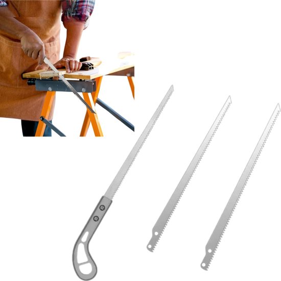 3-delige set - Mini draagbare handzaag (1 cocktailzaag + 2 zaagbladen) - Lichtgewicht en gemakkelijk op te bergen - Tuinzaag - Handzaag voor buiten en kamperen - 33,5 cm - Geschikt voor snoeien in de tuin, op de camping en in kleine ruimtes - Zilver