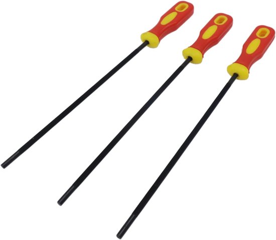 3-delige slijpvijlenset geschikt voor kettingzagen van 4,8 mm (3/16 inch), ronde slijpvijlenset met kunststof handgrepen, geschikt voor het slijpen van kettingzagen.