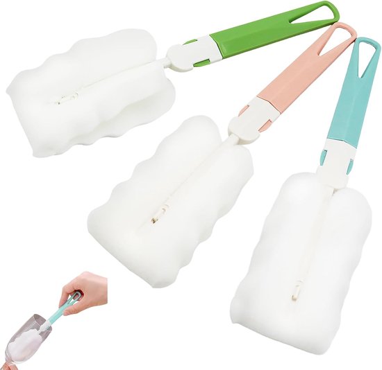 3-delige sponsborstel voor flessen, sponsborstel met afneembare handgreep, reinigingsborstels van schuim, 23 x 5 cm, voor kopjes, kopjes, wijnglazen en flessen, blauw, groen, roze