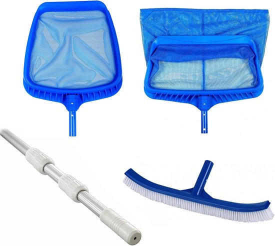 3-delige telescoopstang van aluminium 120-360 cm met schepnet en bodemschepnet en brede zwembadborstel van Merkloos	