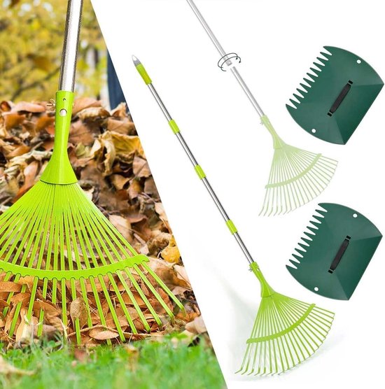 3-delige tuinbladbrekerset inclusief telescoopsteel - bladbezem, bladgrijper, tuinhandschoen en waaierbezem (groen)