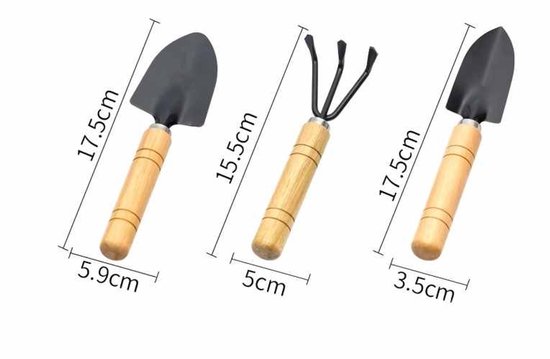 3-Delige Tuingereedschap Set - Mini Set - Ergonomisch Metaal + Massief Hout - Compact & Lichtgewicht Voor Bloemen, Wieden En Grond Losmaken - 3 Stuks - Balkon/Tuin/Zwart van Merkloos	