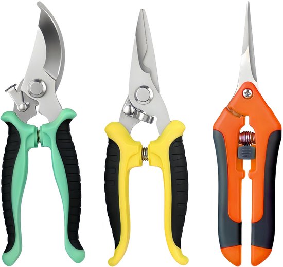 3-delige Tuingereedschap van roestvrij staal - Schaar - Snoeischaar - Snoeitang - Extra scherp - Antislip handgrepen - Geschikt voor bloemschikken, bonsai, tuinieren, landschapsarchitectuur, enz. - Groen, oranje, geel van Merkloos	