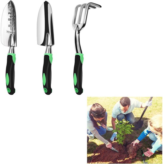 3-delige Tuingereedschapset - Tuingereedschap - Tuingereedschapset voor binnen en buiten - Met zacht rubber - Antislip - Ergonomische handgreep - Geschikt voor tuinieren, planten, potten, wieden, grond losmaken - Groen van Hoffmans
