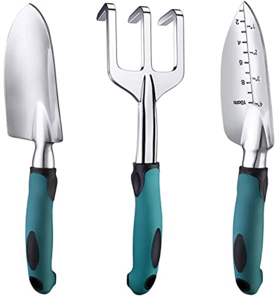3-delige tuingereedschapset - Tuingereedschap - Tuinschep - Antislip handvat - Gemakkelijk vast te houden - Inclusief schep, maatschep en drietandige hark - Geschikt voor graven, wieden, grond losmaken, beluchten en verplanten - Groen van Talen Tools