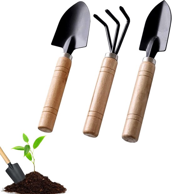 3-delige tuingereedschapset - Tuinset voor potplanten - Mini tuingereedschap - Tuinschoffel, kleine tuinschep, mini handhark - Geschikt voor miniplanten, vetplanten, potplanten, bonsaigereedschap, tuinieren - Zwart, houtkleur van Merkloos	
