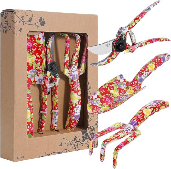 3-delige tuingereedschapsset - aluminium tuingereedschap met bloemenprint - trowel, cultivator, klonterend shear en prachtige verpakking, cadeauset voor tuinbenodigdheden van TOLEAD