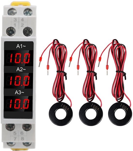 3-fase DIN-rail Ammete - AC 80 tot 500 V - 1 tot 100 A Digitale Ampèremeter - 3 Sensoren - LED-display - Trendmetingen - Spannings- en Stroommeter - Energieverbruikmonitor
