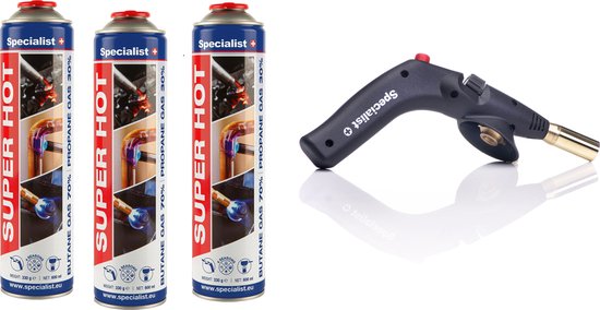 3 Gasflessen + Gasbrander met piezo ontsteking, aansluiting 7/16 , mondstuk 20mm ,soldeerbrander,Specialist+ SuperHot gas Gasflessen. van Specialist+