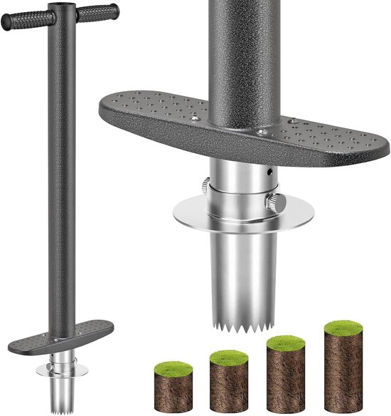 3-in-1 grasplugger en bollenplanter, diepteverstelling (7,5-15 cm) roestvrijstalen scherpe tanden, ergonomische grip, voor grasreparatie, bodembemonstering en tuinbeplanting, 81 cm