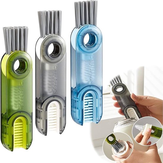 3-in-1 multifunctionele reinigingsborstel, 3 stuks, Zilver, Kunststof en Nylon, 14 x 3.4 x 1.8 cm, Reinigt waterflessen, melkflessen, bekerdeksels