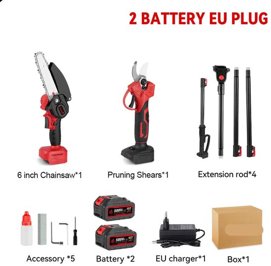 3-in-1 Snoeigereedschap - Accu Kettingzaag - Accu Snoeischaar - Telescopische Zaag - Draadloze - 3500W - Lichtgewicht - Tuingereedschap - 2 Accu - Rood van Merkloos	
