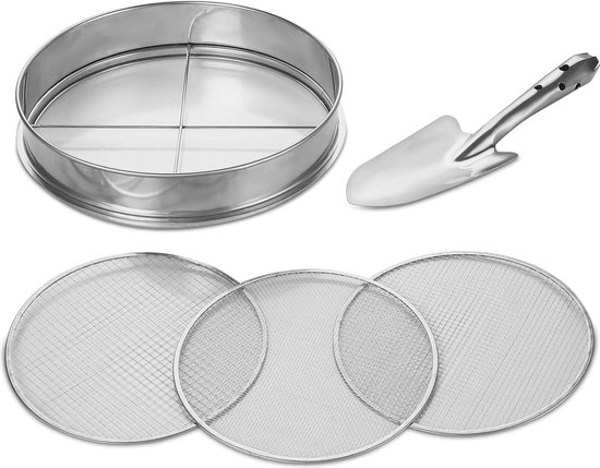 3-in-1 tuinzeef van roestvrij staal, weerbestendige zeef, met 3 verwisselbare zeefinzetstukken, diameter 3,6,9 mm + 26 cm lange handspade voor aarde, stenen, compostzand enz. 30 cm, van Relaxdays